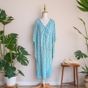 0109/ Pale Teal Leaf Pattern Kaftan, Long Kaftan